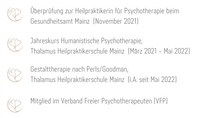 Beruflicher Werdegang der Heilpraktikerin für Psychotherapie Sarah Rump, Überprüfung beim Gesundheitsamt Mainz im November 2021, Ausbildung Humanistische Psychotherapie sowie Gestalttherpaie bei der Thalamus Schule Mainz, Mitglied im Verband Freier Psychotherapeuten